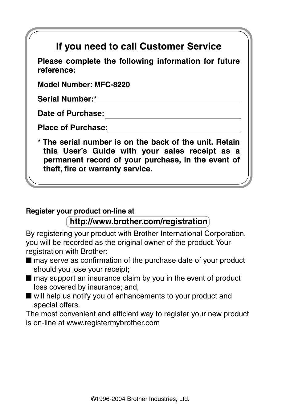 If you need to call customer service | Brother MFC 8220 User Manual | Page 2 / 213