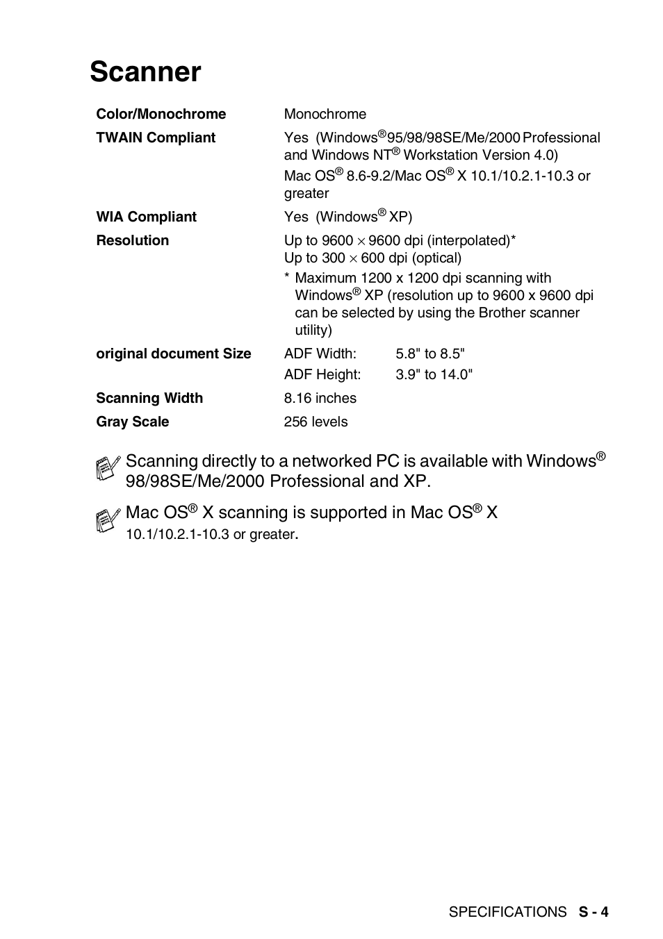 Scanner, X scanning is supported in mac os | Brother MFC 8220 User Manual | Page 200 / 213
