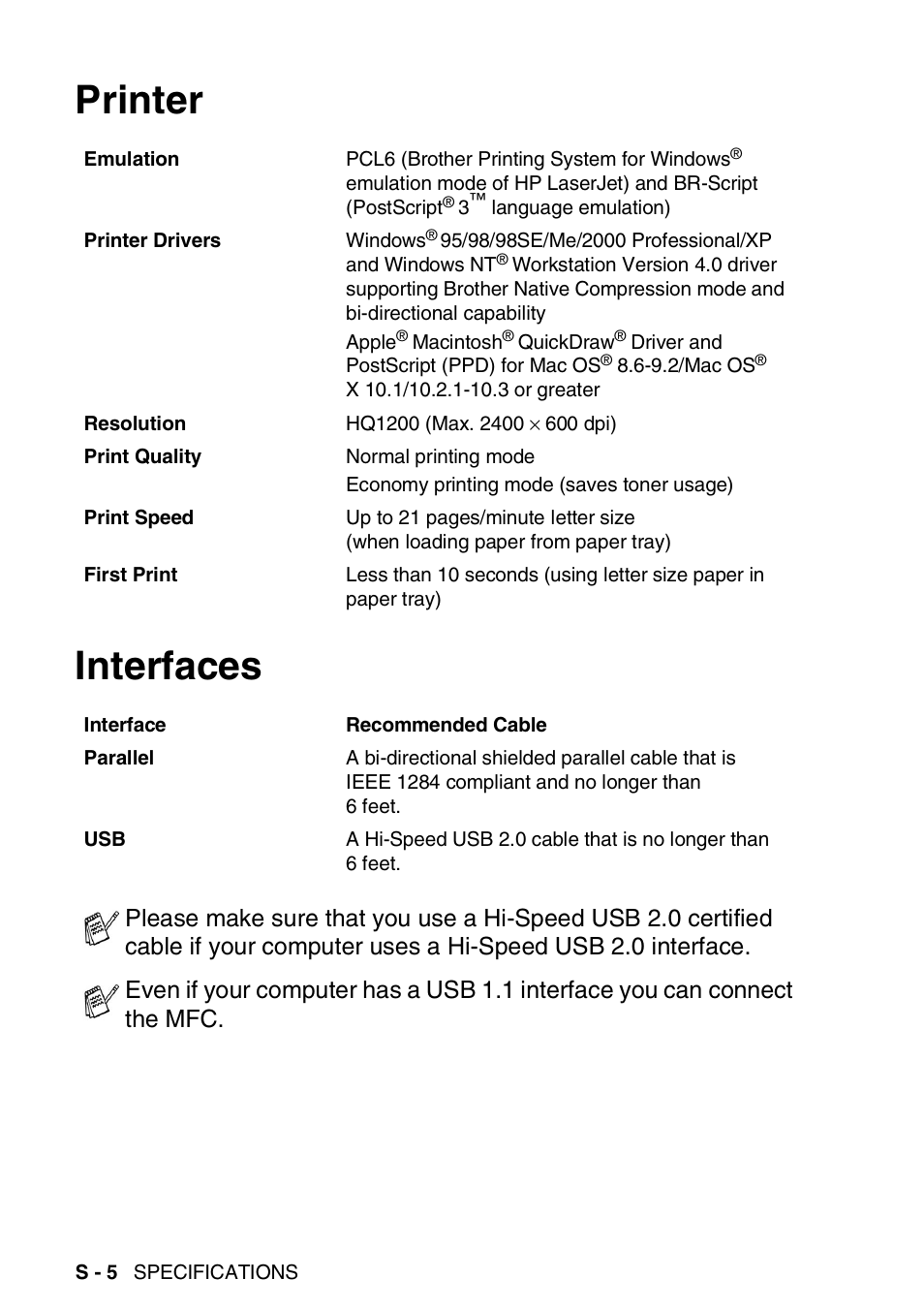 Printer, Interfaces, Printer interfaces | Brother MFC 8220 User Manual | Page 201 / 213