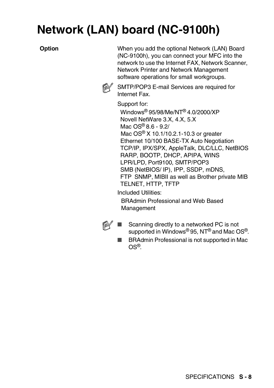 Network (lan) board (nc-9100h) | Brother MFC 8220 User Manual | Page 204 / 213