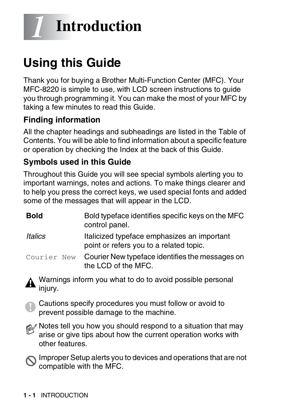 1 introduction, Using this guide, Finding information | Symbols used in this guide, Introduction -1, Using this guide -1, Introduction | Brother MFC 8220 User Manual | Page 21 / 213