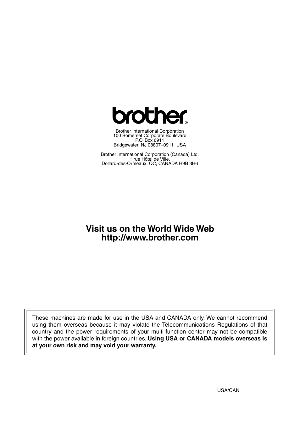 Brother usa/can | Brother MFC 8220 User Manual | Page 213 / 213