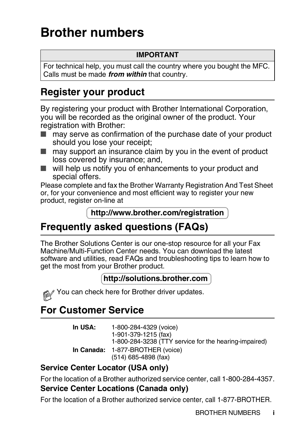 Brother numbers, Register your product, Frequently asked questions (faqs) | For customer service | Brother MFC 8220 User Manual | Page 3 / 213