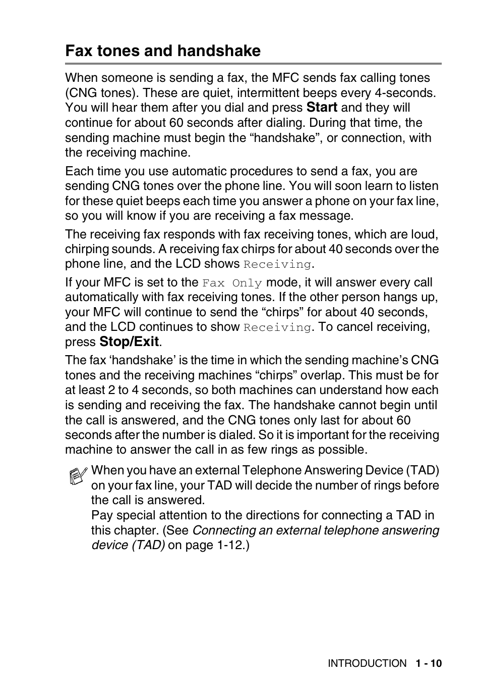 Fax tones and handshake, Fax tones and handshake -10 | Brother MFC 8220 User Manual | Page 30 / 213