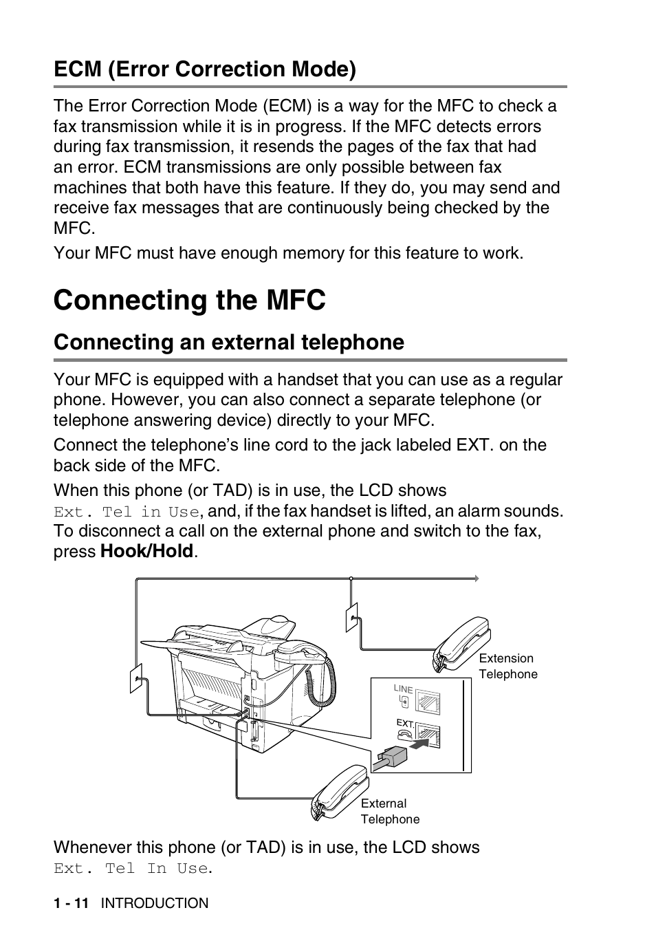 Ecm (error correction mode), Connecting the mfc, Connecting an external telephone | Ecm (error correction mode) -11, Connecting the mfc -11, Connecting an external telephone -11 | Brother MFC 8220 User Manual | Page 31 / 213