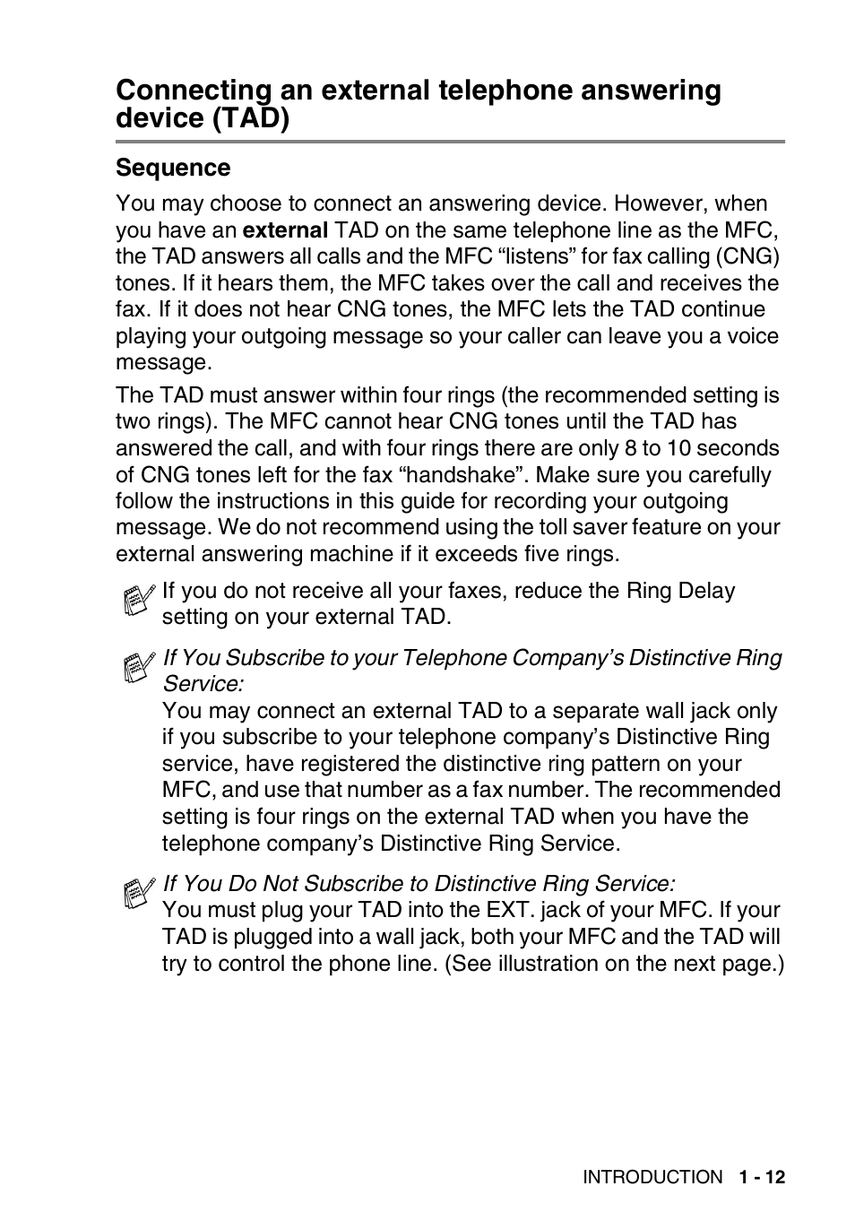 Sequence, Connecting an external telephone answering, Device (tad) -12 sequence -12 | Brother MFC 8220 User Manual | Page 32 / 213