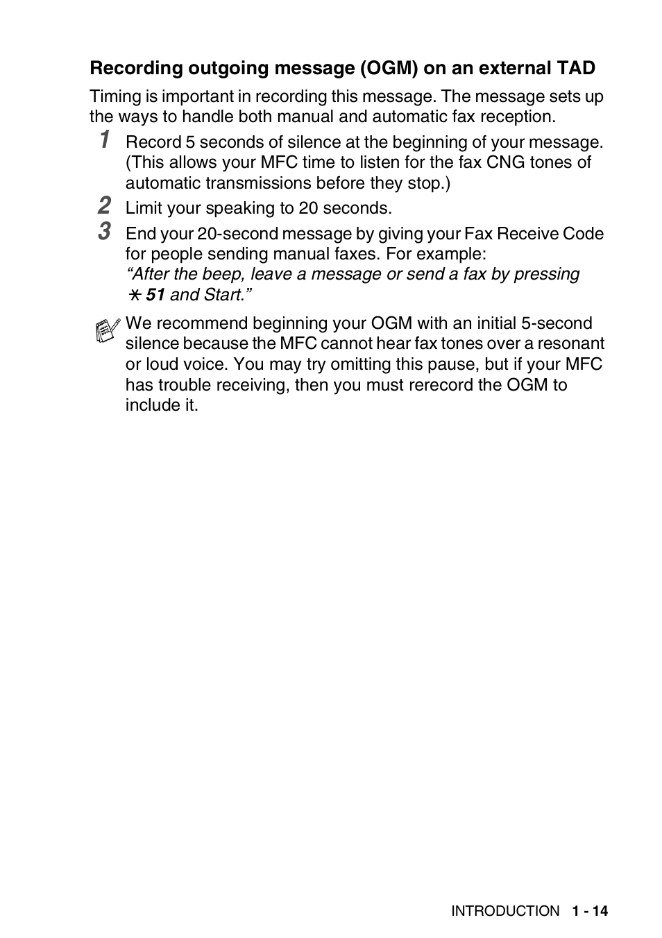 Recording outgoing message (ogm), On an external tad -14 | Brother MFC 8220 User Manual | Page 34 / 213