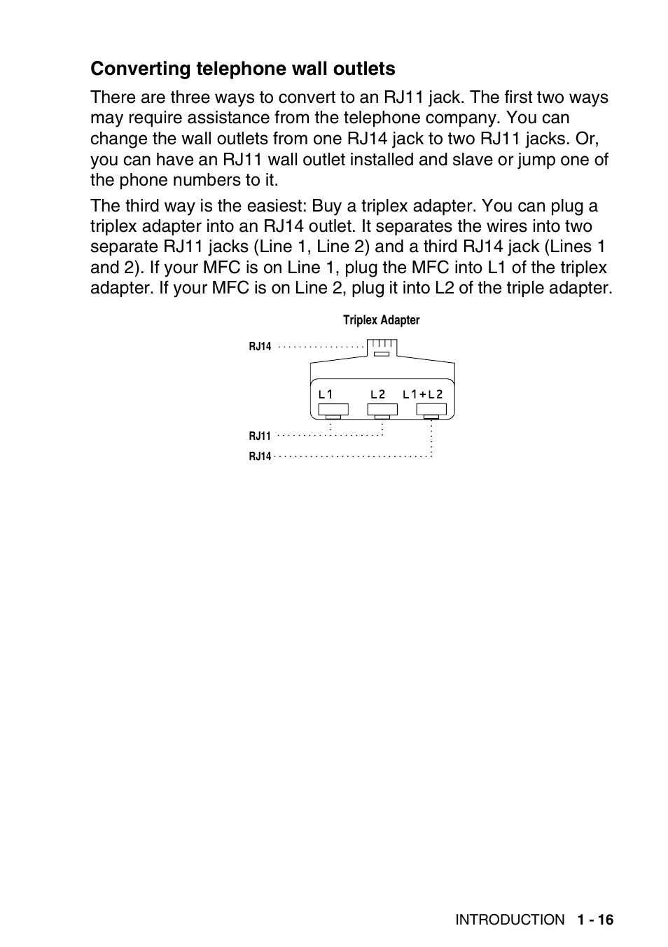 Converting telephone wall outlets, Converting telephone wall outlets -16 | Brother MFC 8220 User Manual | Page 36 / 213