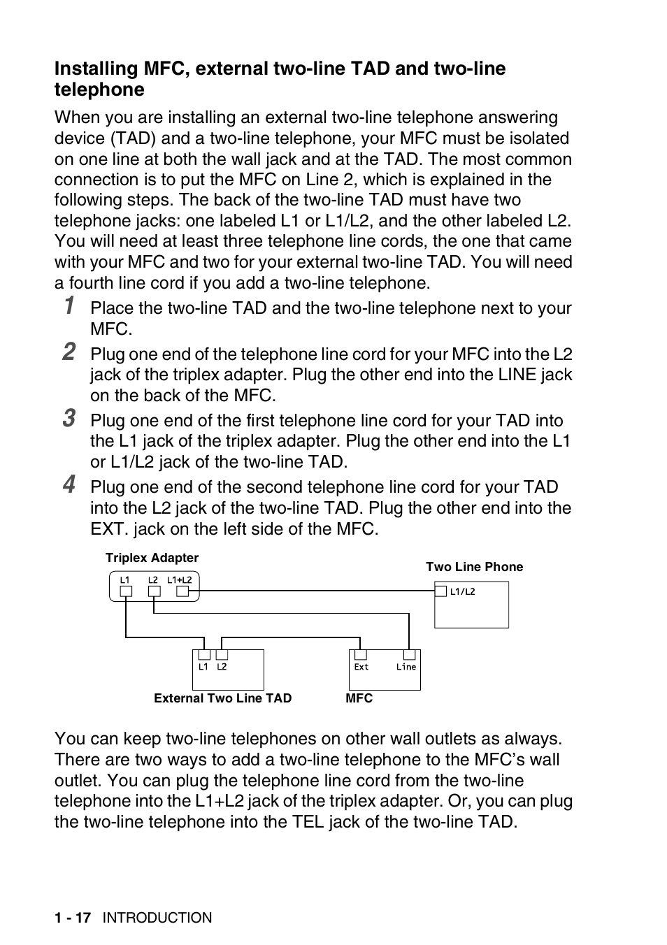 Installing mfc, external two-line tad and, Two-line telephone -17 | Brother MFC 8220 User Manual | Page 37 / 213