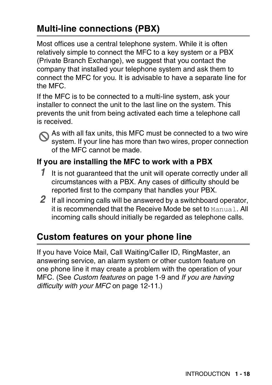 Multi-line connections (pbx), If you are installing the mfc to work with a pbx, Custom features on your phone line | Multi-line connections (pbx) -18, If you are installing the mfc to work, With a pbx -18, Custom features on your phone line -18 | Brother MFC 8220 User Manual | Page 38 / 213
