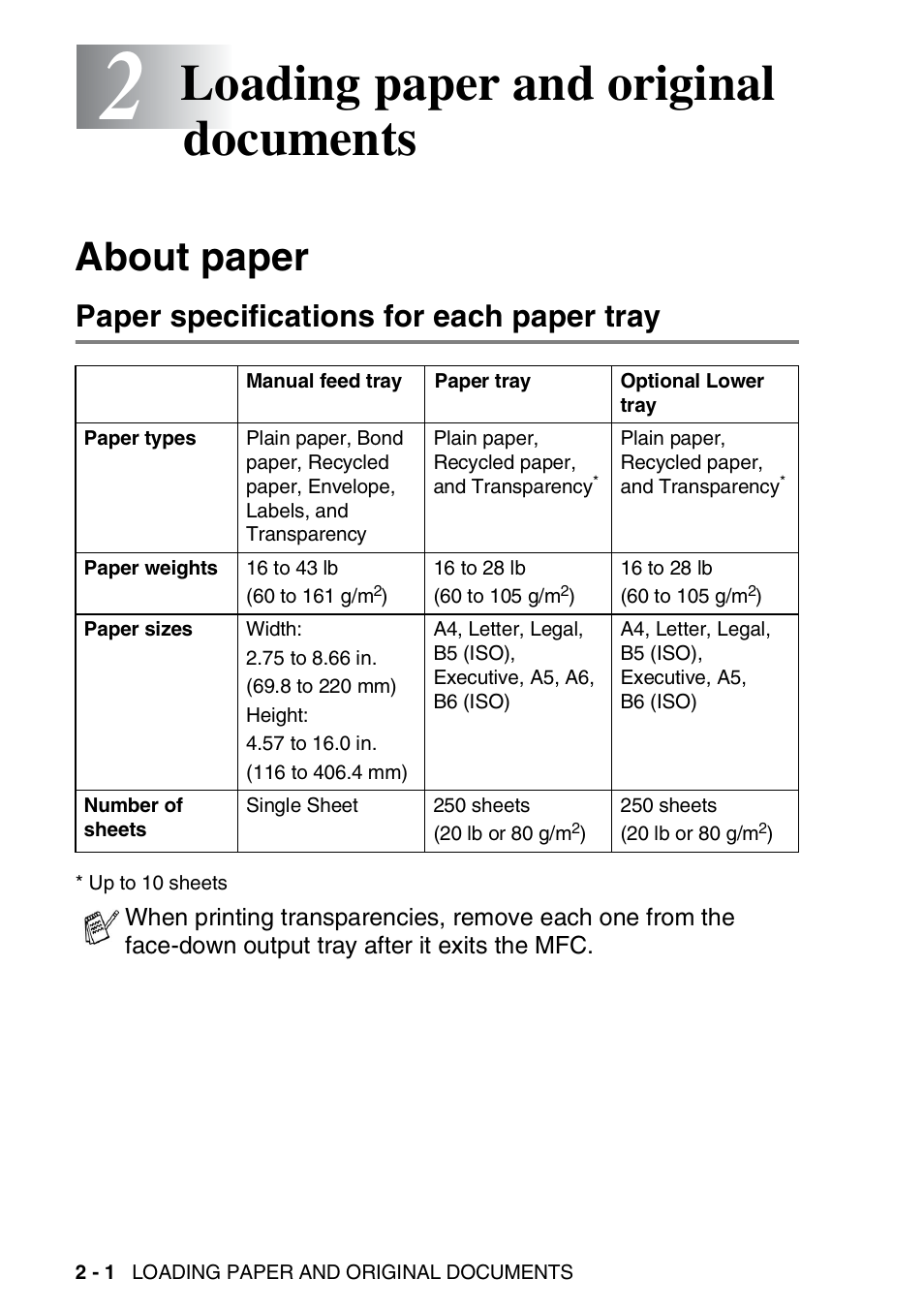 2 loading paper and original documents, About paper, Paper specifications for each paper tray | Loading paper and original documents -1, About paper -1, Paper specifications for each paper tray -1, Loading paper and original documents | Brother MFC 8220 User Manual | Page 39 / 213