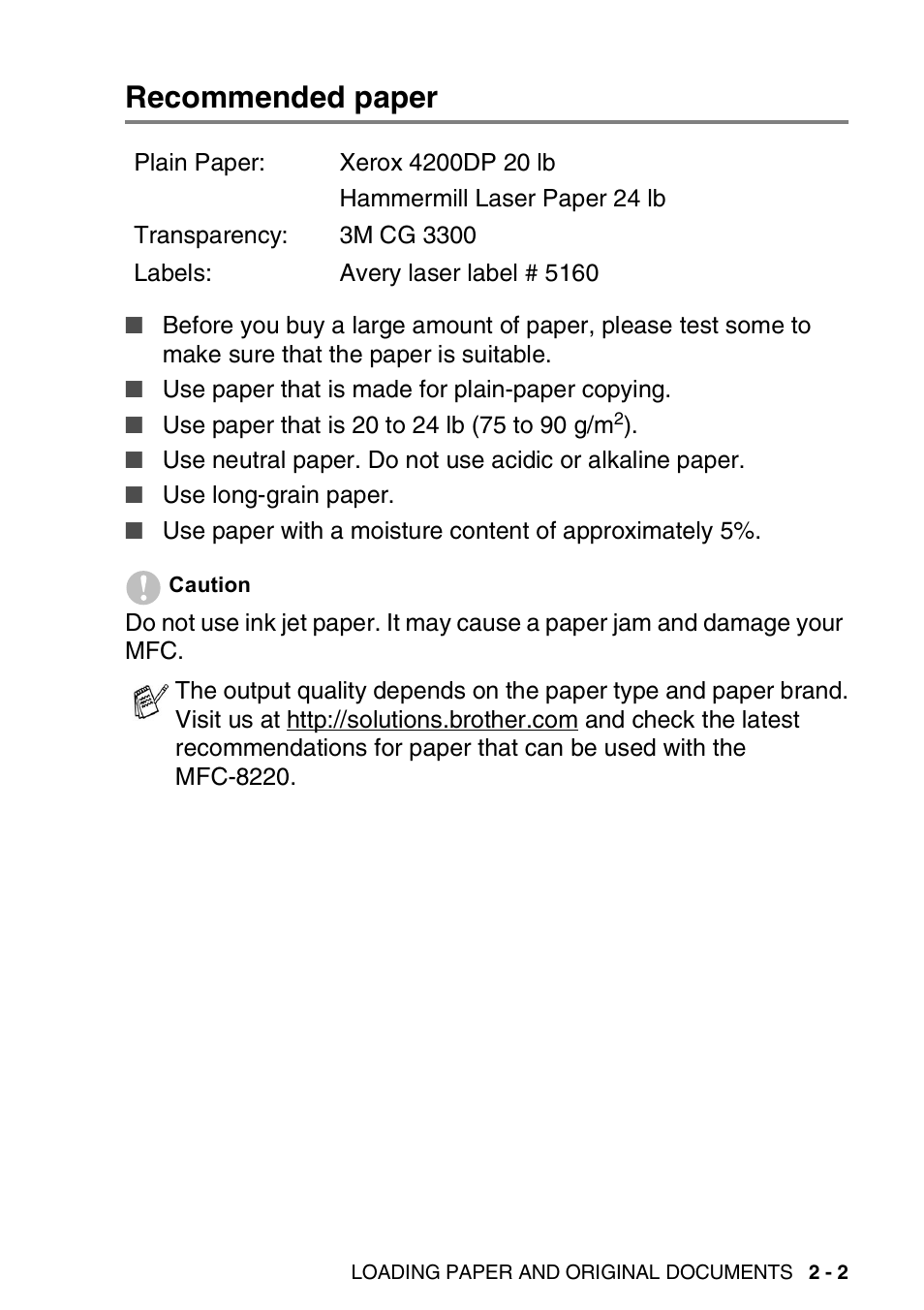 Recommended paper, Recommended paper -2 | Brother MFC 8220 User Manual | Page 40 / 213