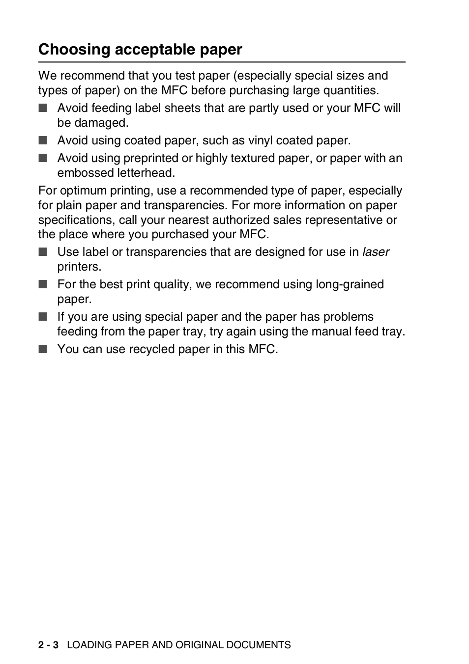 Choosing acceptable paper, Choosing acceptable paper -3 | Brother MFC 8220 User Manual | Page 41 / 213