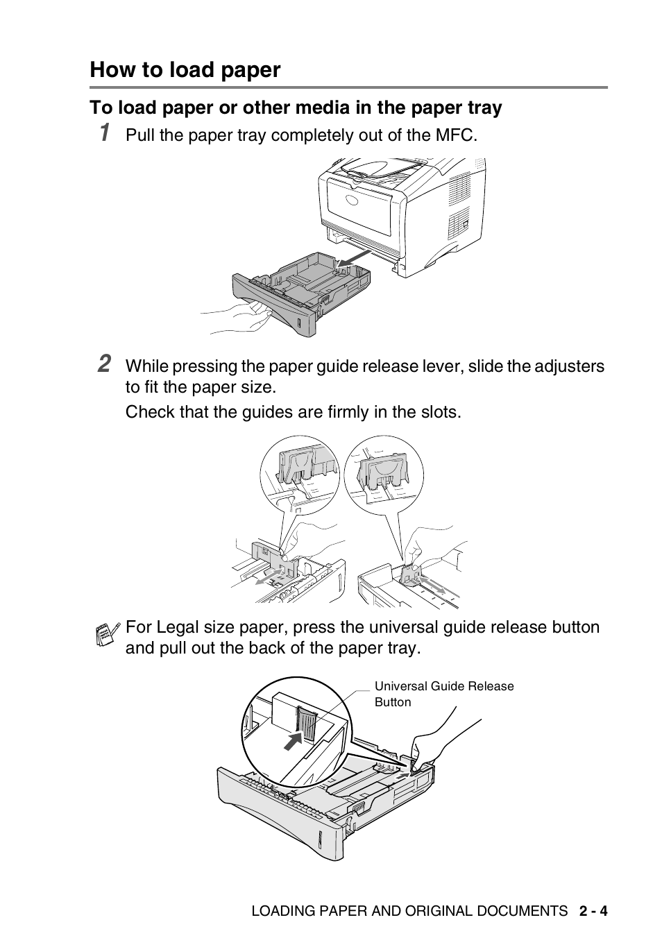 How to load paper, To load paper or other media in the paper tray, How to load paper -4 | To load paper or other media in the paper tray -4 | Brother MFC 8220 User Manual | Page 42 / 213