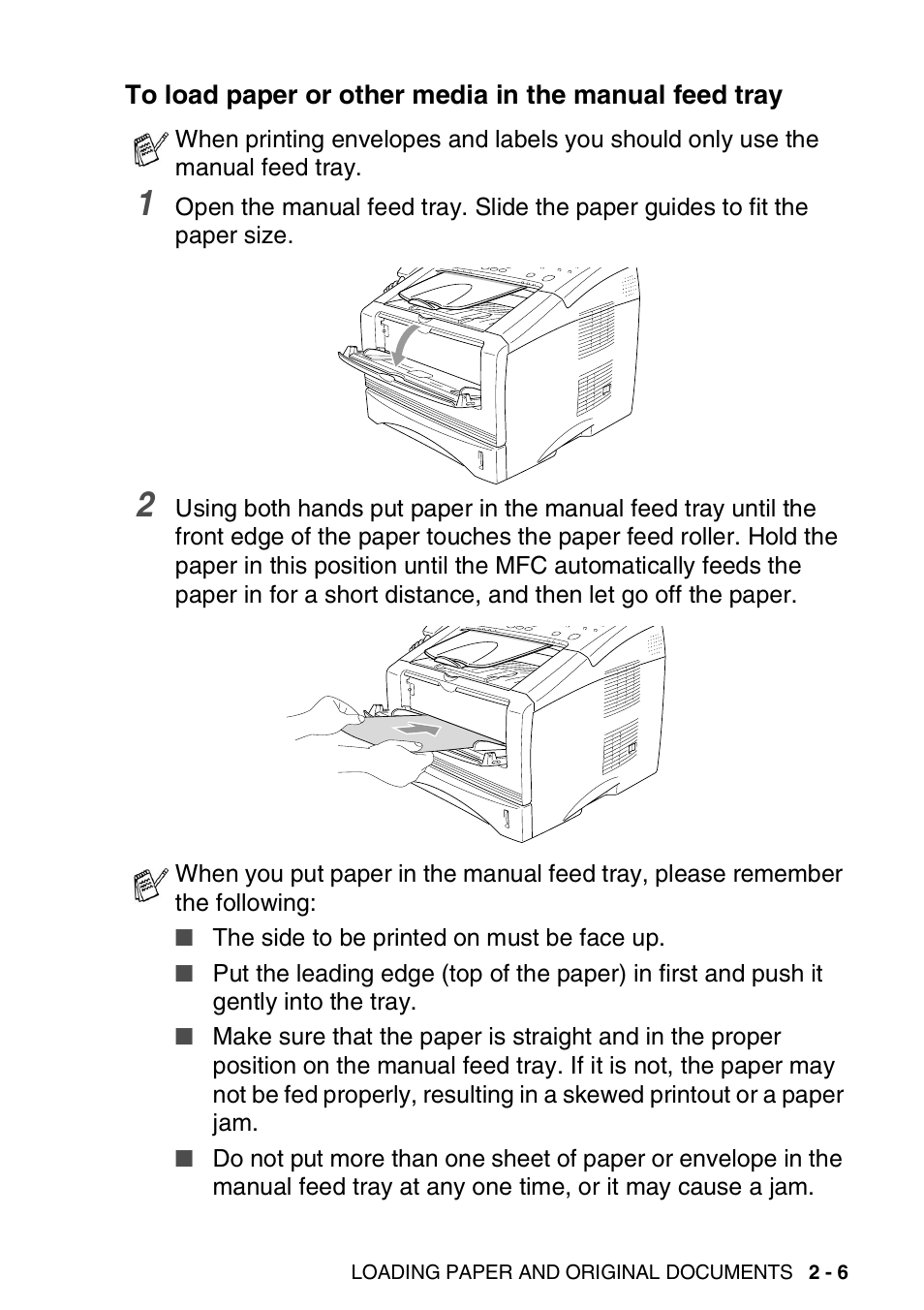 To load paper or other media in the manual, Feed tray -6 | Brother MFC 8220 User Manual | Page 44 / 213