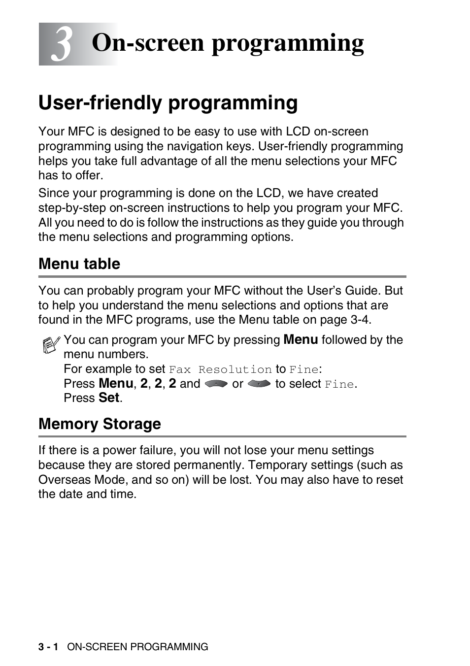 3 on-screen programming, User-friendly programming, Menu table | Memory storage, On-screen programming -1, User-friendly programming -1, Menu table -1 memory storage -1, On-screen programming | Brother MFC 8220 User Manual | Page 47 / 213