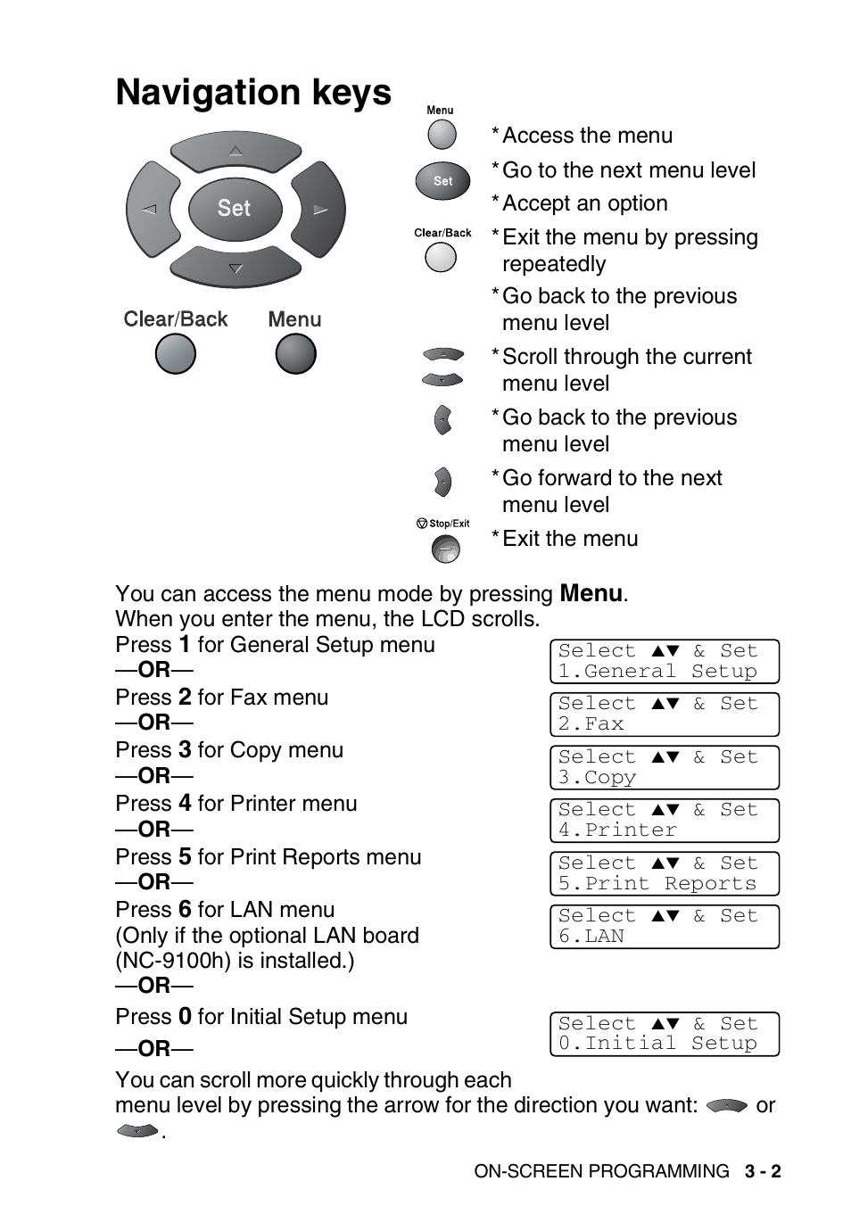 Navigation keys, Navigation keys -2 | Brother MFC 8220 User Manual | Page 48 / 213
