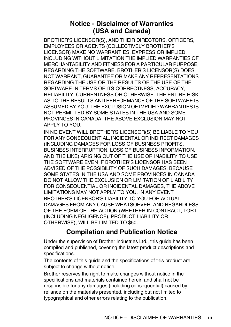 Notice - disclaimer of warranties (usa and canada), Compilation and publication notice | Brother MFC 8220 User Manual | Page 5 / 213