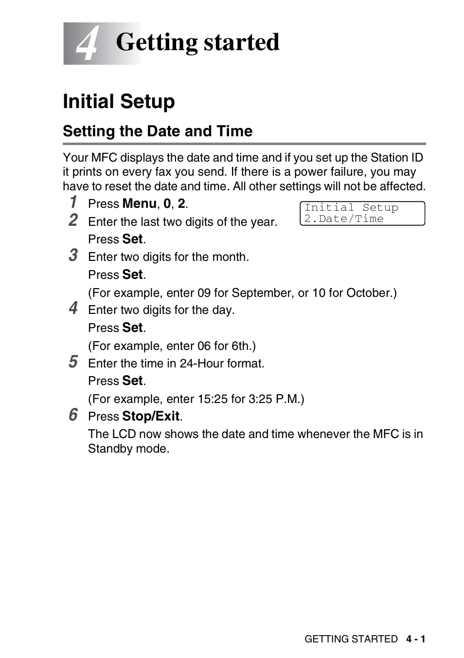 4 getting started, Initial setup, Setting the date and time | Getting started -1, Initial setup -1, Setting the date and time -1, Getting started | Brother MFC 8220 User Manual | Page 62 / 213