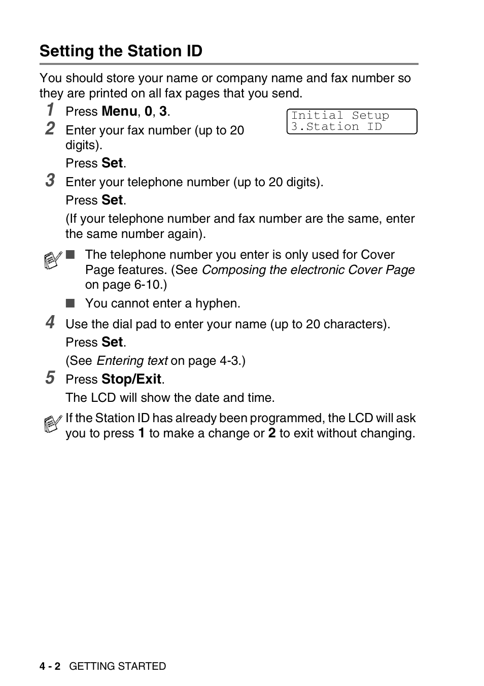 Setting the station id, Setting the station id -2 | Brother MFC 8220 User Manual | Page 63 / 213