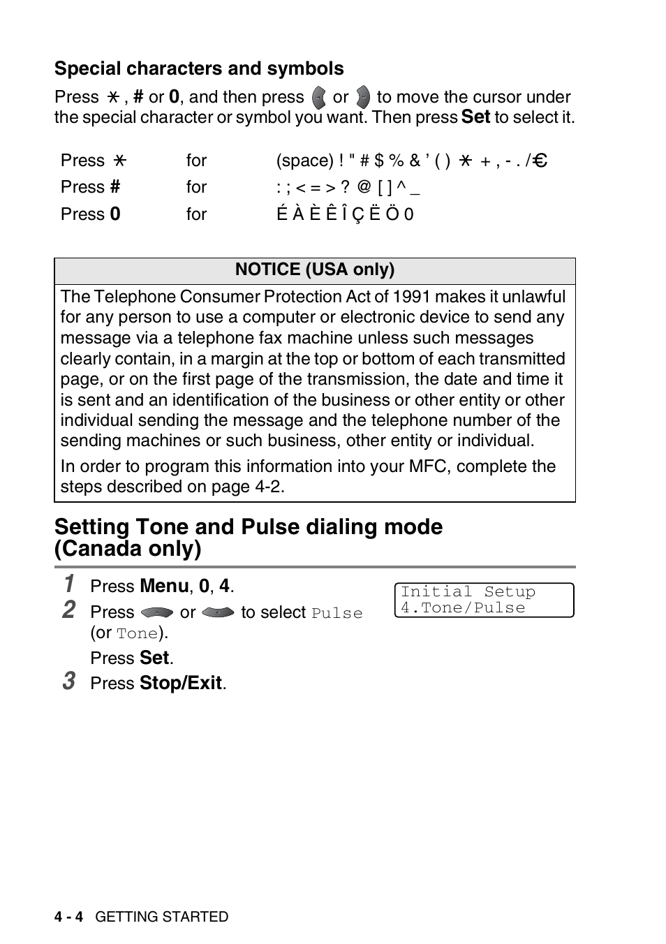 Special characters and symbols, Setting tone and pulse dialing mode (canada only), Special characters and symbols -4 | Setting tone and pulse dialing mode, Canada only) -4 | Brother MFC 8220 User Manual | Page 65 / 213