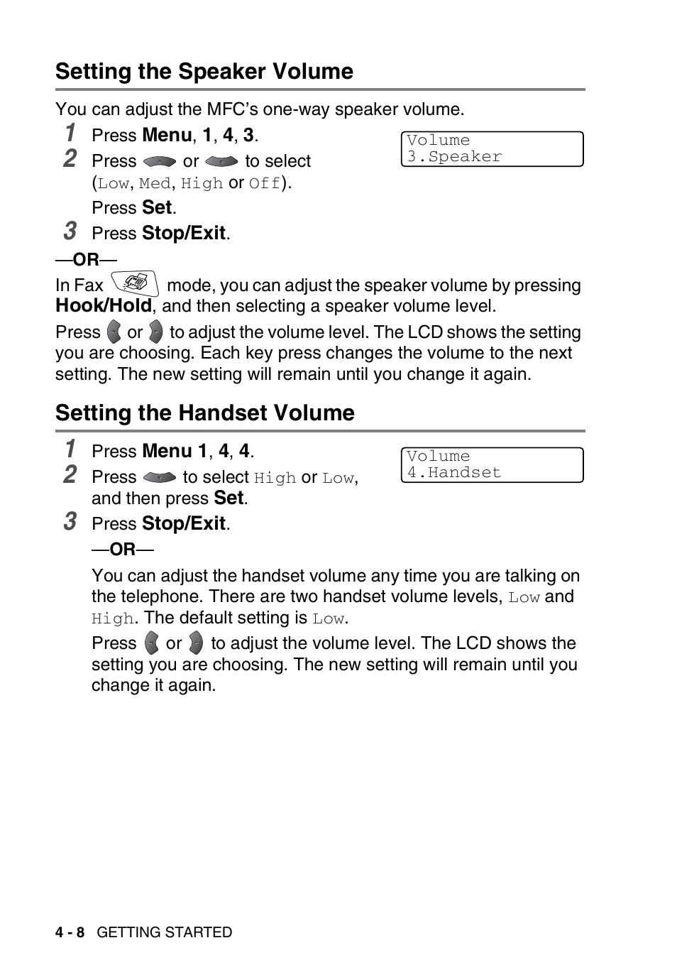 Setting the speaker volume, Setting the handset volume | Brother MFC 8220 User Manual | Page 69 / 213