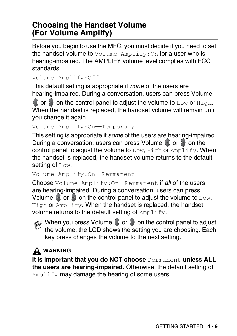 Choosing the handset volume (for volume amplify), Choosing the handset volume, For volume amplify) -9 | Brother MFC 8220 User Manual | Page 70 / 213