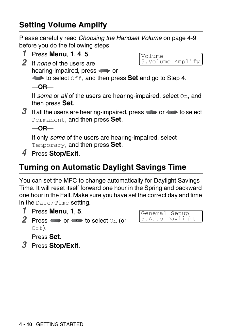 Setting volume amplify, Turning on automatic daylight savings time | Brother MFC 8220 User Manual | Page 71 / 213