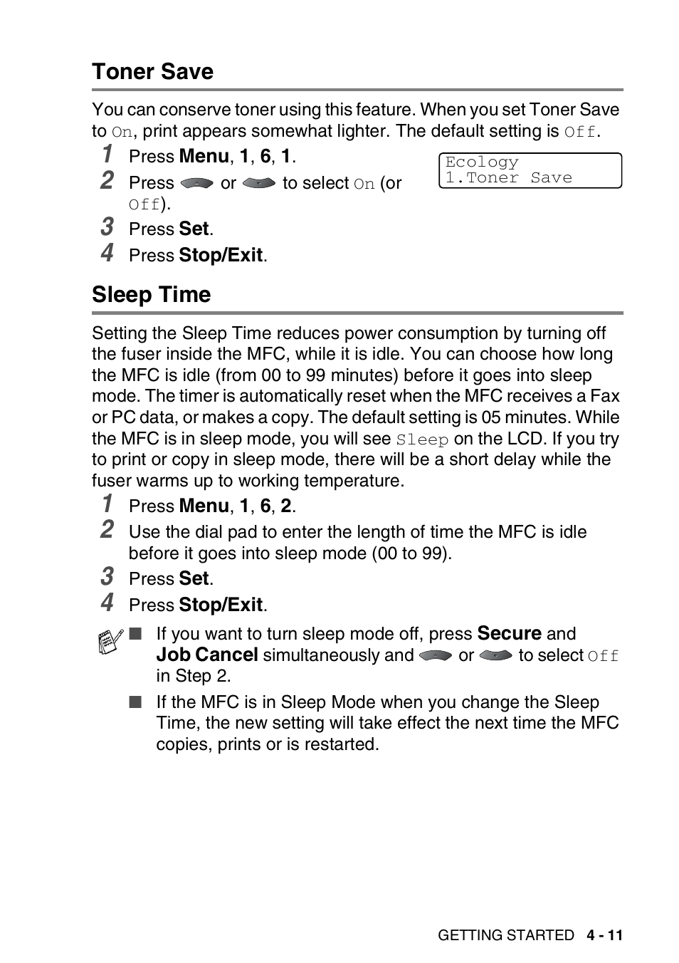 Toner save, Sleep time, Toner save -11 sleep time -11 | Brother MFC 8220 User Manual | Page 72 / 213