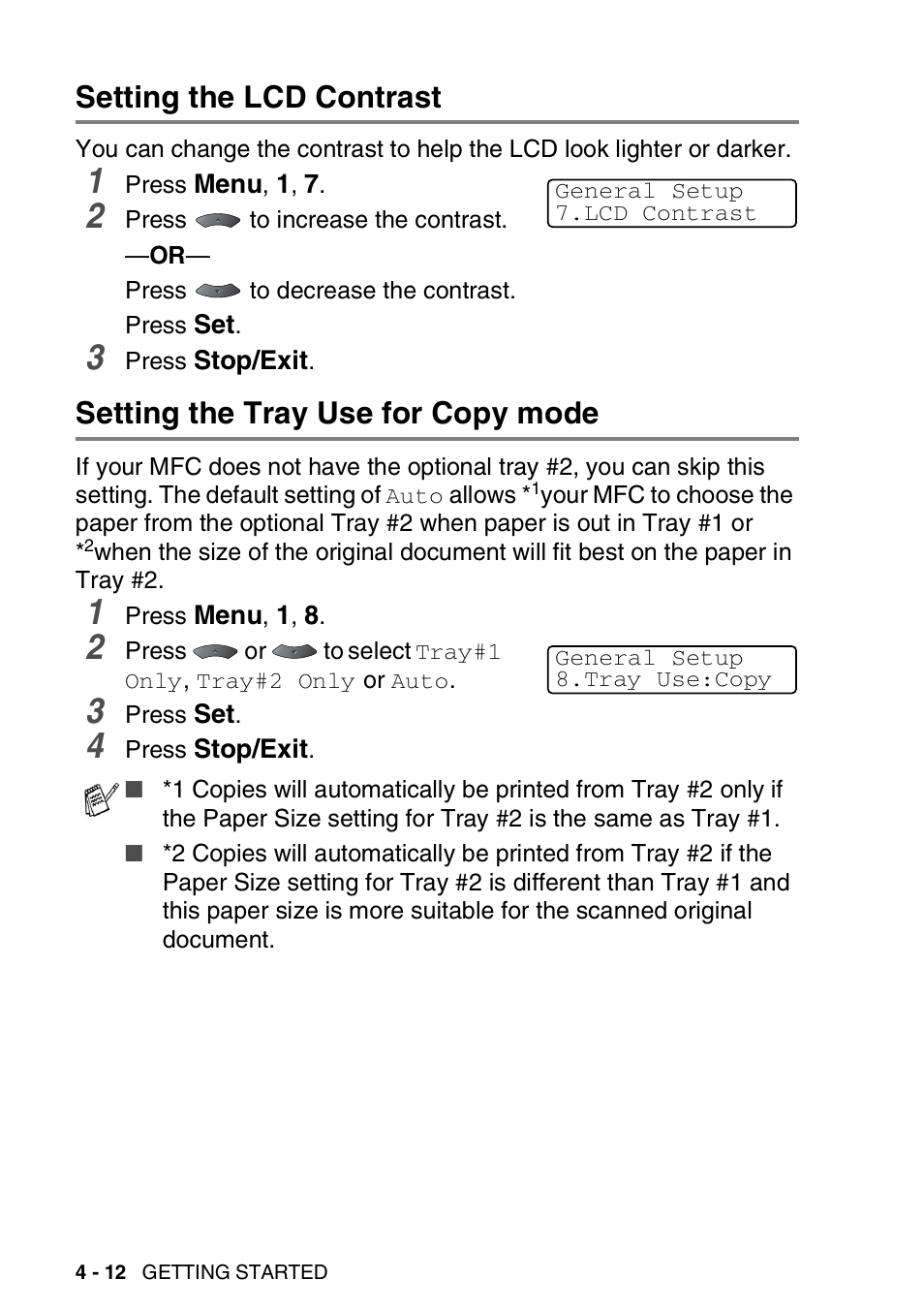 Setting the lcd contrast, Setting the tray use for copy mode | Brother MFC 8220 User Manual | Page 73 / 213