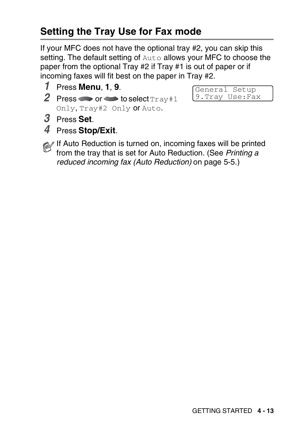Setting the tray use for fax mode, Setting the tray use for fax mode -13 | Brother MFC 8220 User Manual | Page 74 / 213