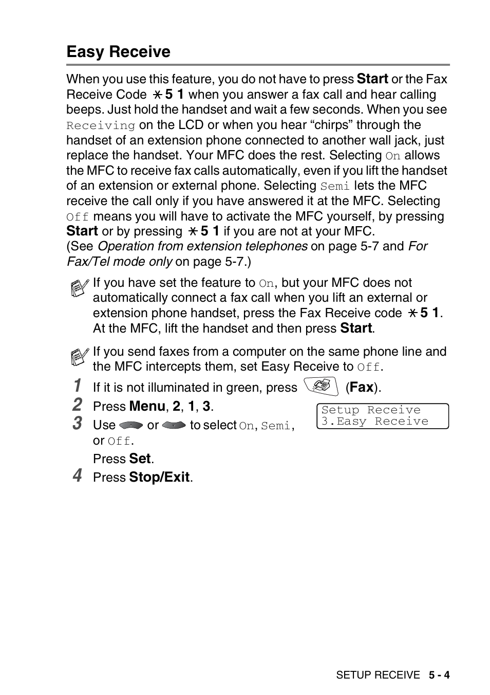 Easy receive, Easy receive -4 | Brother MFC 8220 User Manual | Page 78 / 213
