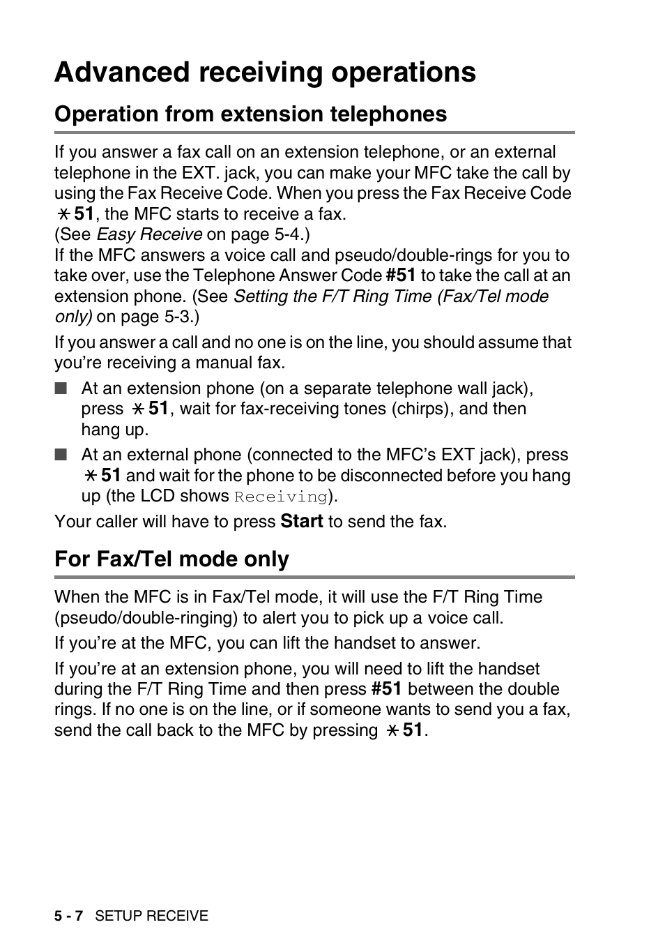 Advanced receiving operations, Operation from extension telephones, For fax/tel mode only | Advanced receiving operations -7 | Brother MFC 8220 User Manual | Page 81 / 213
