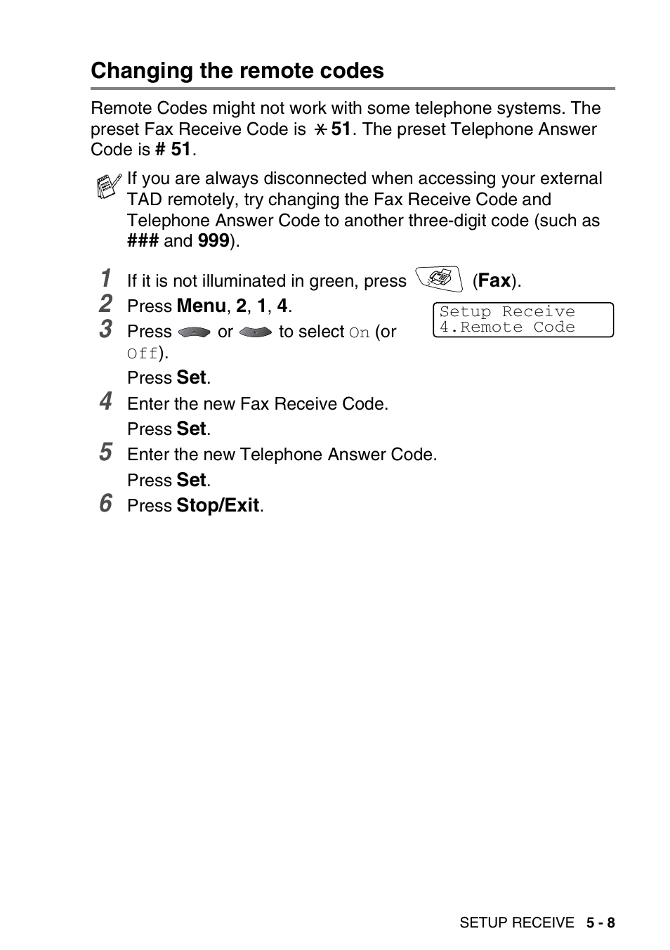 Changing the remote codes, Changing the remote codes -8 | Brother MFC 8220 User Manual | Page 82 / 213