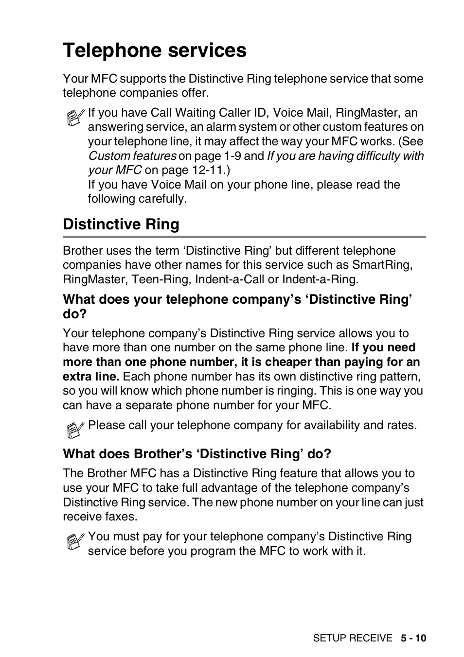 Telephone services, Distinctive ring, What does brother’s ‘distinctive ring’ do | Telephone services -10, Distinctive ring -10, What does your telephone company’s, Distinctive ring’ do? -10, What does brother’s ‘distinctive ring’ do? -10 | Brother MFC 8220 User Manual | Page 84 / 213