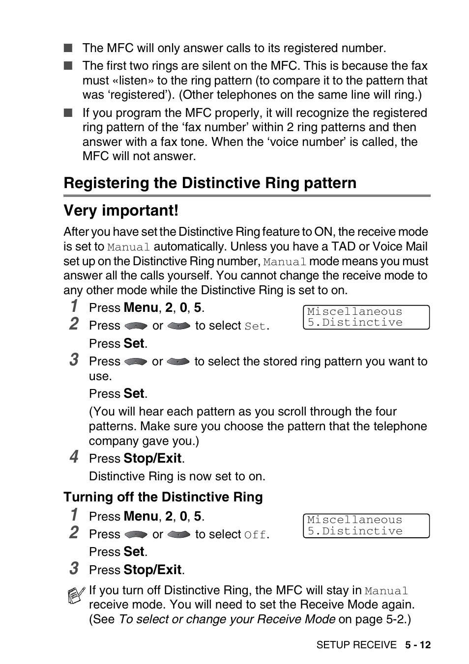 Registering the distinctive ring pattern, Turning off the distinctive ring, Registering the distinctive ring pattern -12 | Turning off the distinctive ring -12 | Brother MFC 8220 User Manual | Page 86 / 213