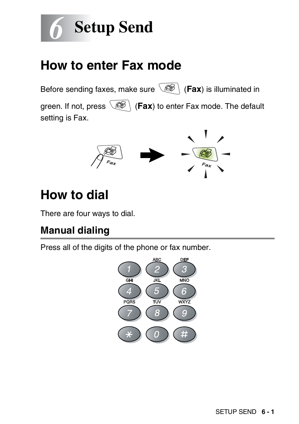 6 setup send, How to enter fax mode, How to dial | Manual dialing, Setup send -1, How to enter fax mode -1 how to dial -1, Manual dialing -1, Setup send | Brother MFC 8220 User Manual | Page 90 / 213