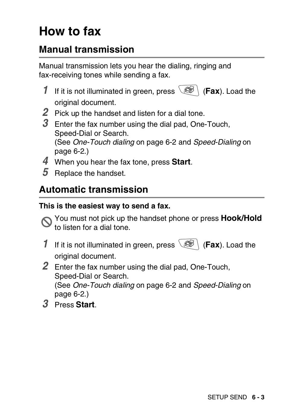 How to fax, Manual transmission, Automatic transmission | How to fax -3, Manual transmission -3 automatic transmission -3 | Brother MFC 8220 User Manual | Page 92 / 213