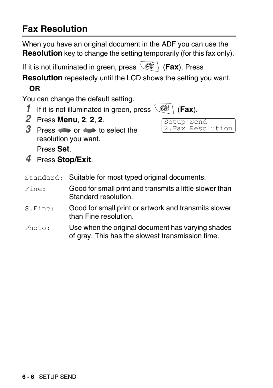 Fax resolution, Fax resolution -6 | Brother MFC 8220 User Manual | Page 95 / 213