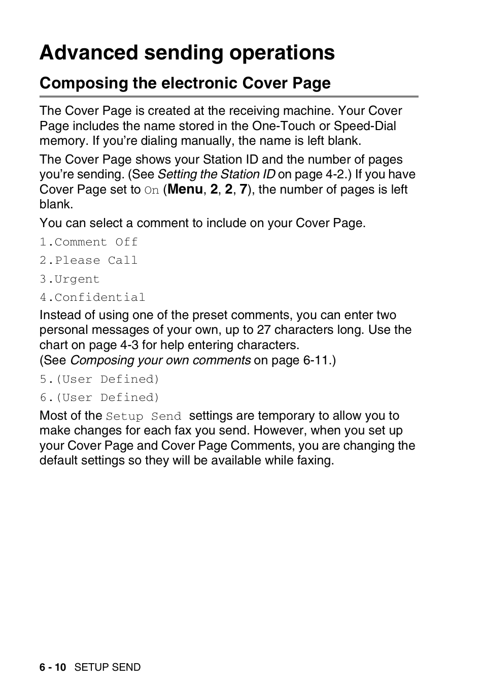 Advanced sending operations, Advanced sending operations -10, Composing the electronic cover page | Brother MFC 8220 User Manual | Page 99 / 213