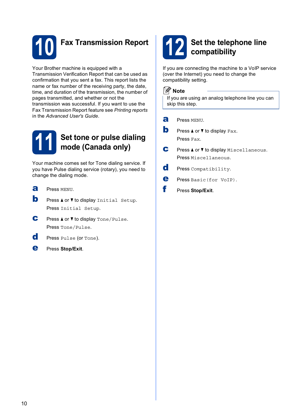 10 fax transmission report, 11 set tone or pulse dialing mode (canada only), 12 set the telephone line compatibility | Brother MFC 9970CDW User Manual | Page 10 / 38