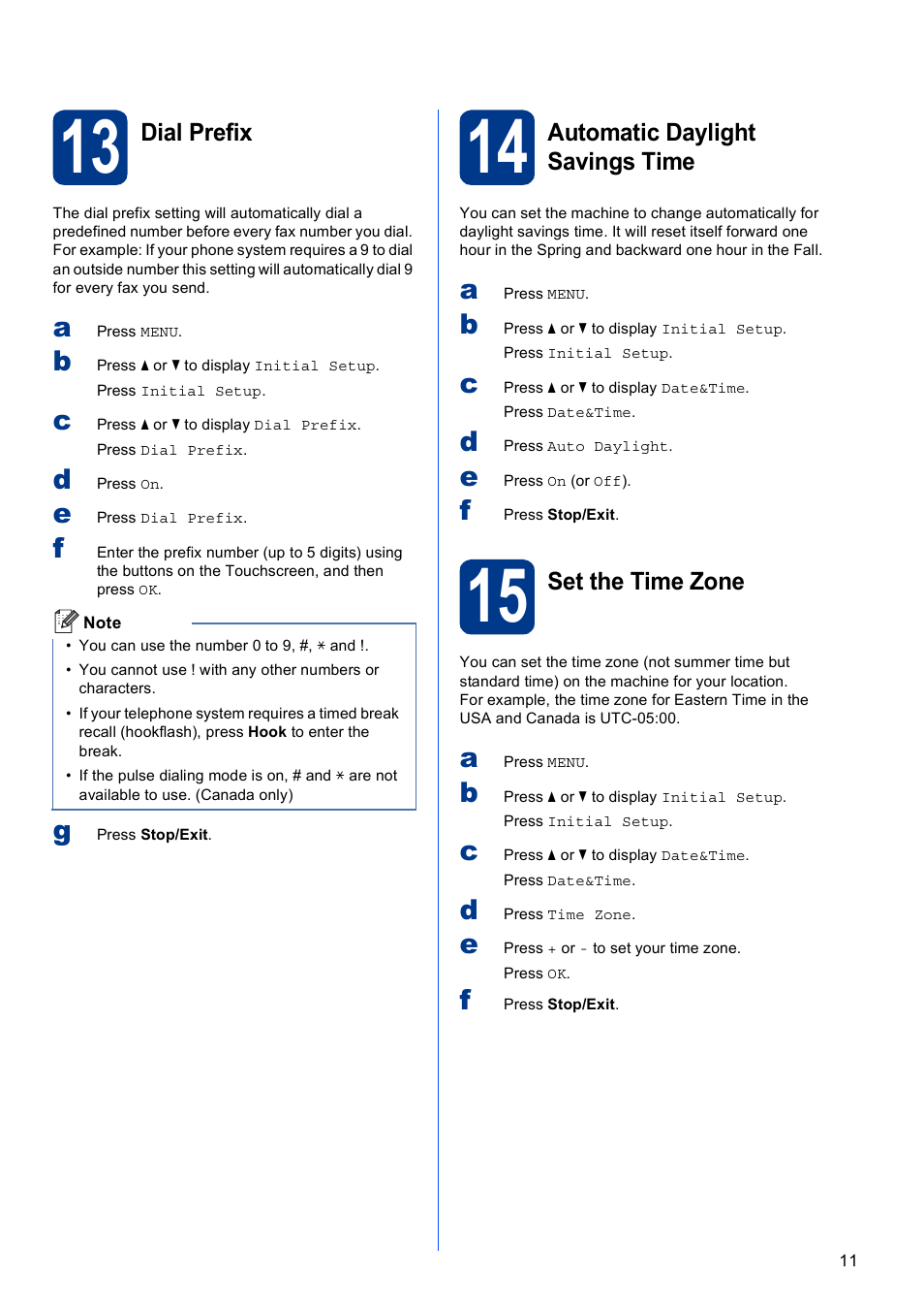 13 dial prefix, 14 automatic daylight savings time, 15 set the time zone | Brother MFC 9970CDW User Manual | Page 11 / 38