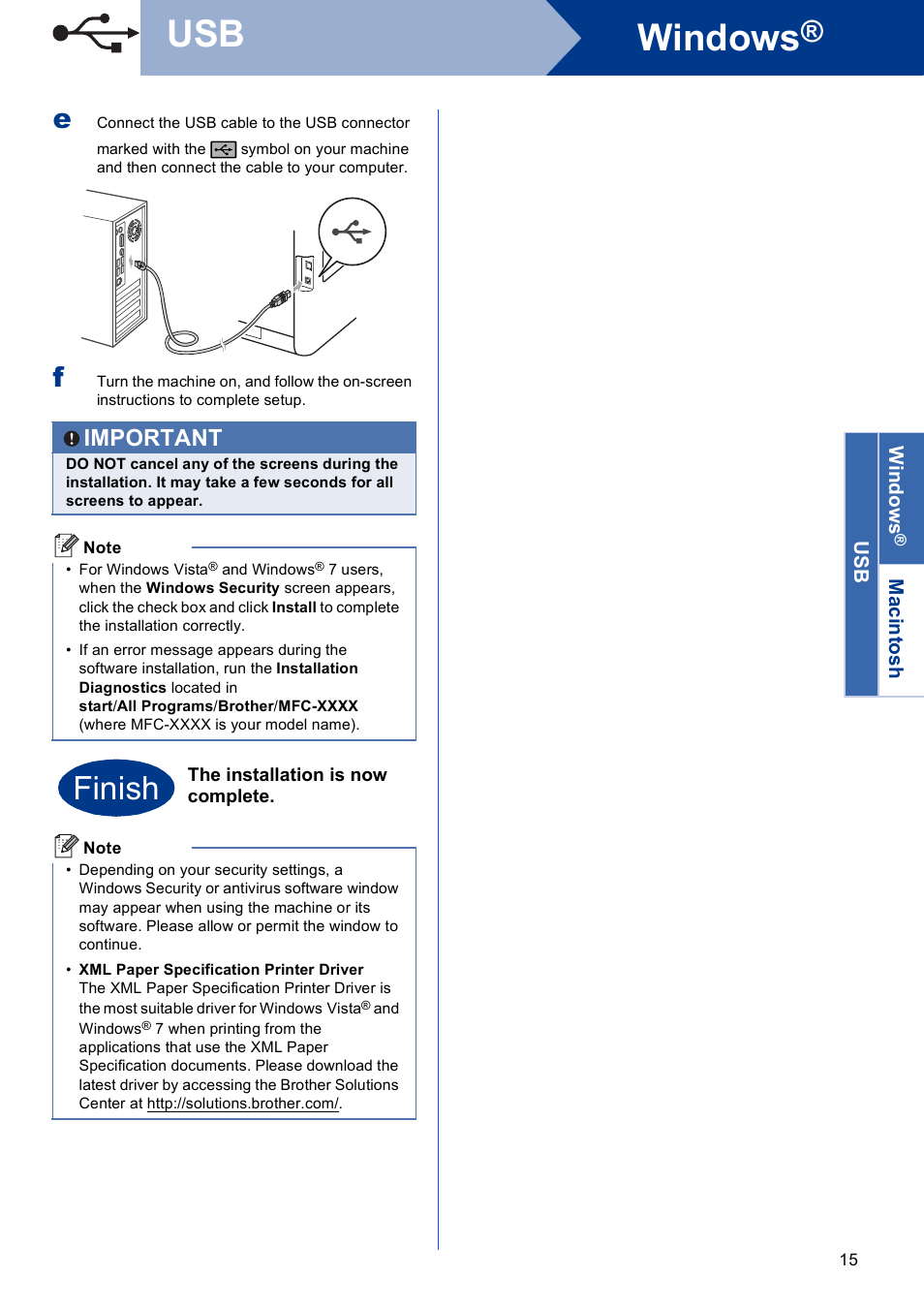 Windows, Finish, Important | Brother MFC 9970CDW User Manual | Page 15 / 38