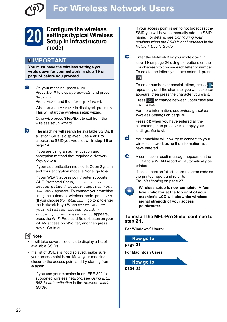 For wireless network users, Important | Brother MFC 9970CDW User Manual | Page 26 / 38