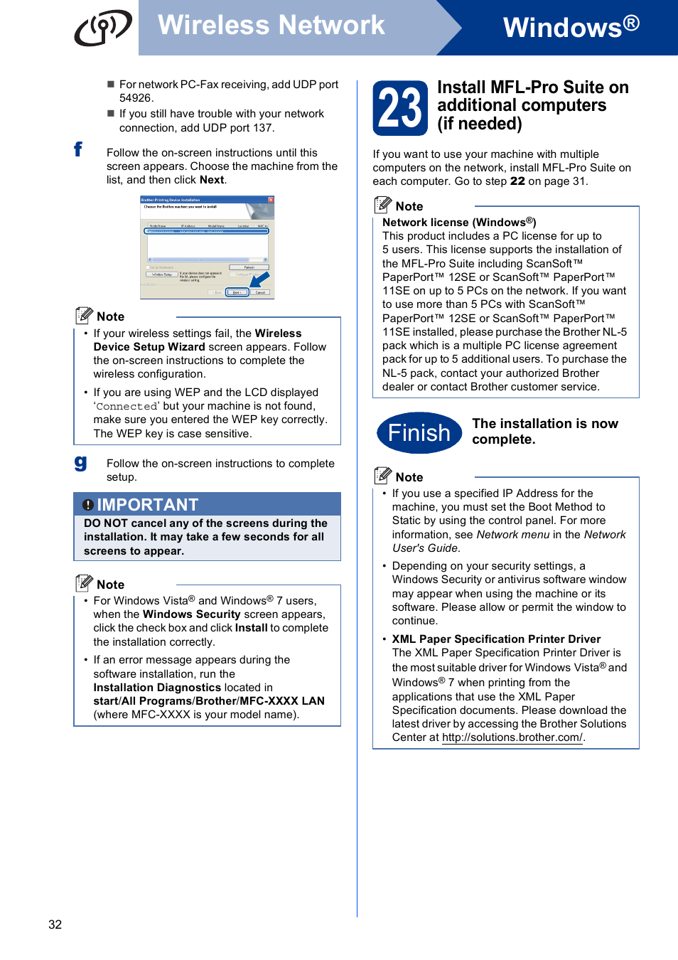 Windows, Wireless network, Finish | Important | Brother MFC 9970CDW User Manual | Page 32 / 38