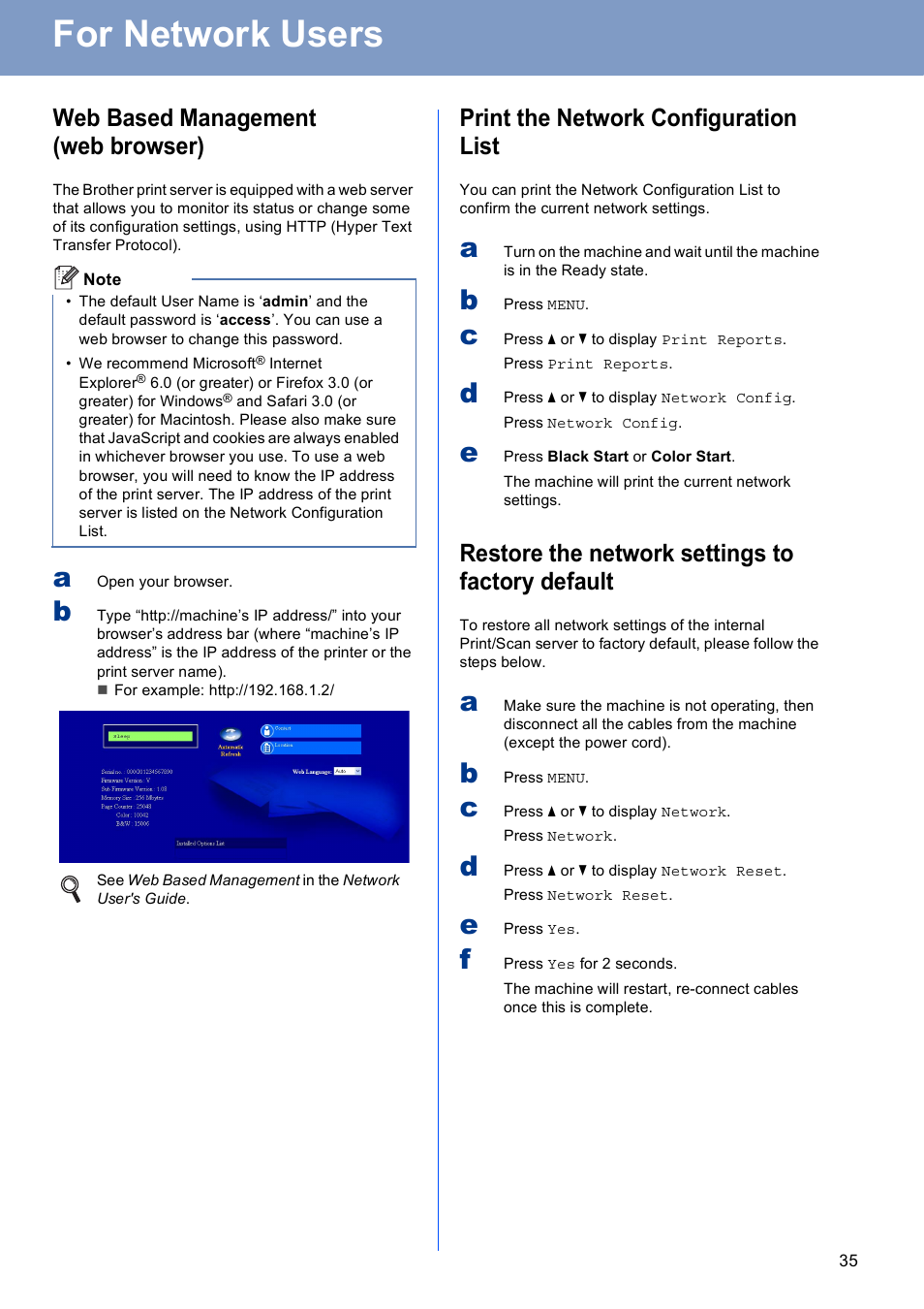 For network users, Web based management (web browser), Print the network configuration list | Restore the network settings to factory default | Brother MFC 9970CDW User Manual | Page 35 / 38