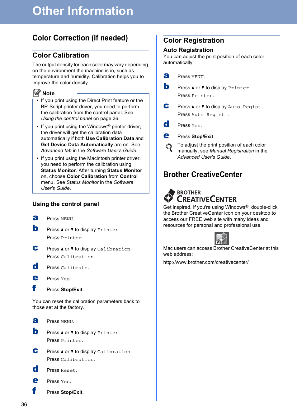 Other information, Color correction (if needed), Color calibration | Color registration, Brother creativecenter | Brother MFC 9970CDW User Manual | Page 36 / 38