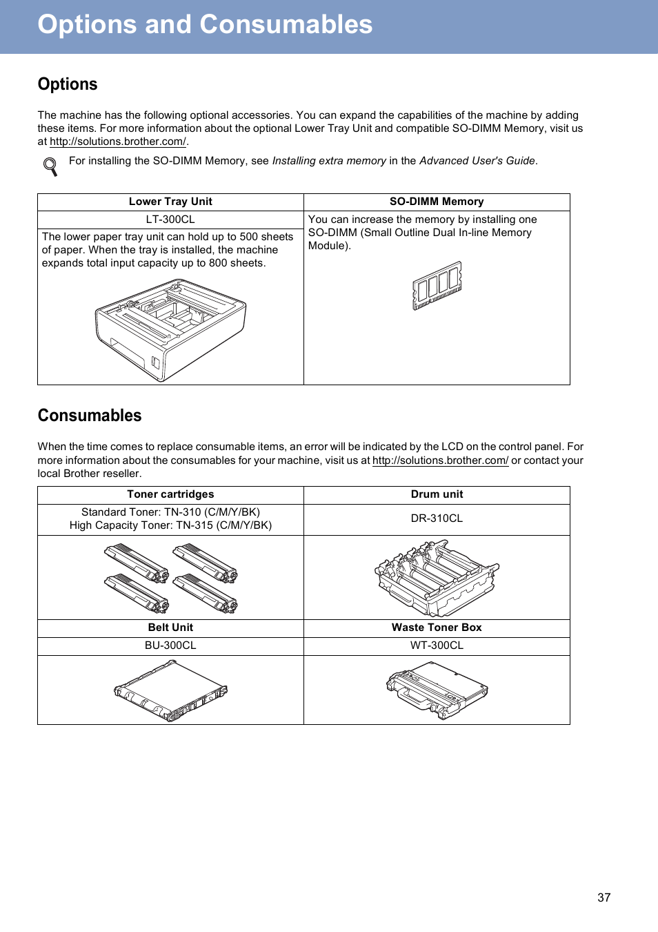 Options and consumables, Options, Consumables | Brother MFC 9970CDW User Manual | Page 37 / 38