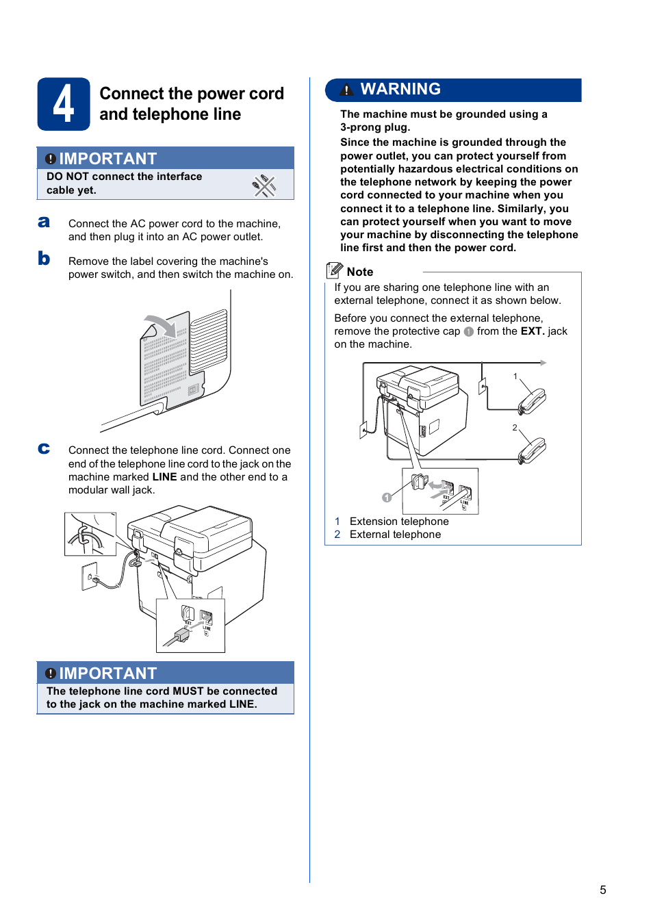 4 connect the power cord and telephone line, Connect the power cord and telephone line, Warning | Important | Brother MFC 9970CDW User Manual | Page 5 / 38