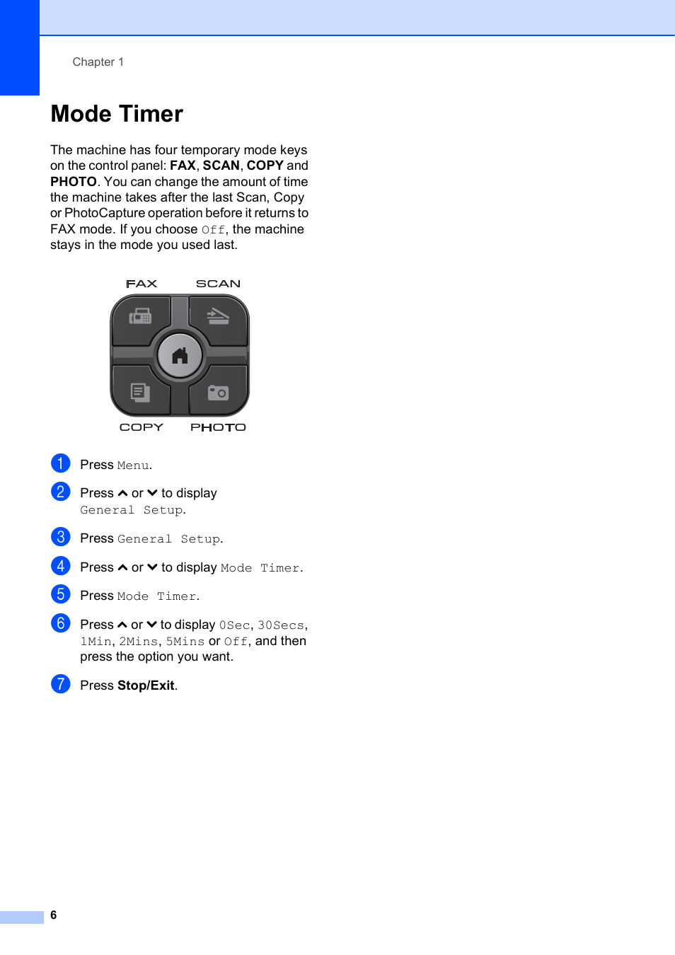 Mode timer | Brother MFC J5910DW User Manual | Page 12 / 87